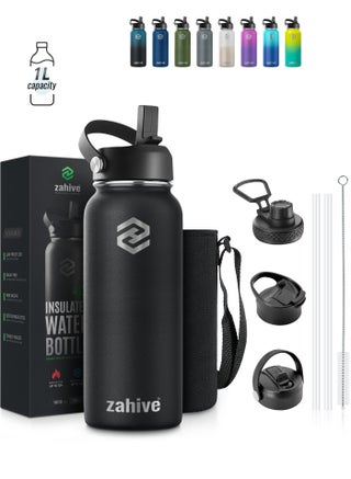 Insulated Stainless Steel Water Bottle with Straw with 3 Lids and Bag 1000 ml, Double Wall Thermos for Hot and Cold Drinks for Gym and Work, Wide Mouth, Leak Proof, 1 liter, Black